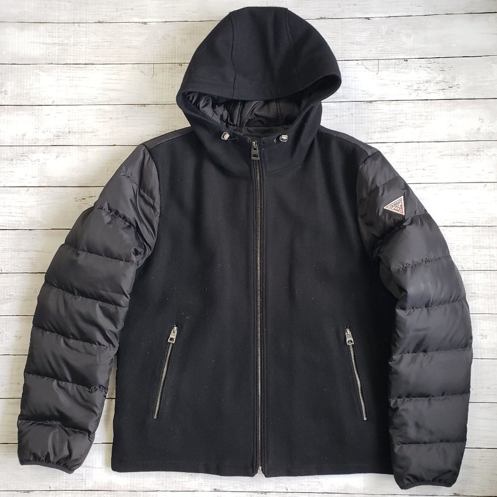 GUESS Men's Full Zip Wool-Blend Puffer Jacket in Black